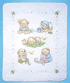 Tobin Bear Stamped for Cross Stitch Baby Quilt Kit, White/Multicolor