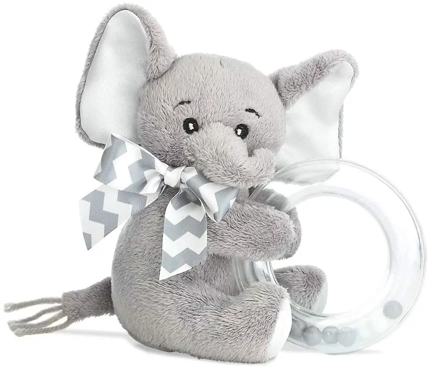 Bearington Baby Lil' Spout Plush Stuffed Animal Grey Elephant Shaker Toy Ring Rattle, 5.5 inches